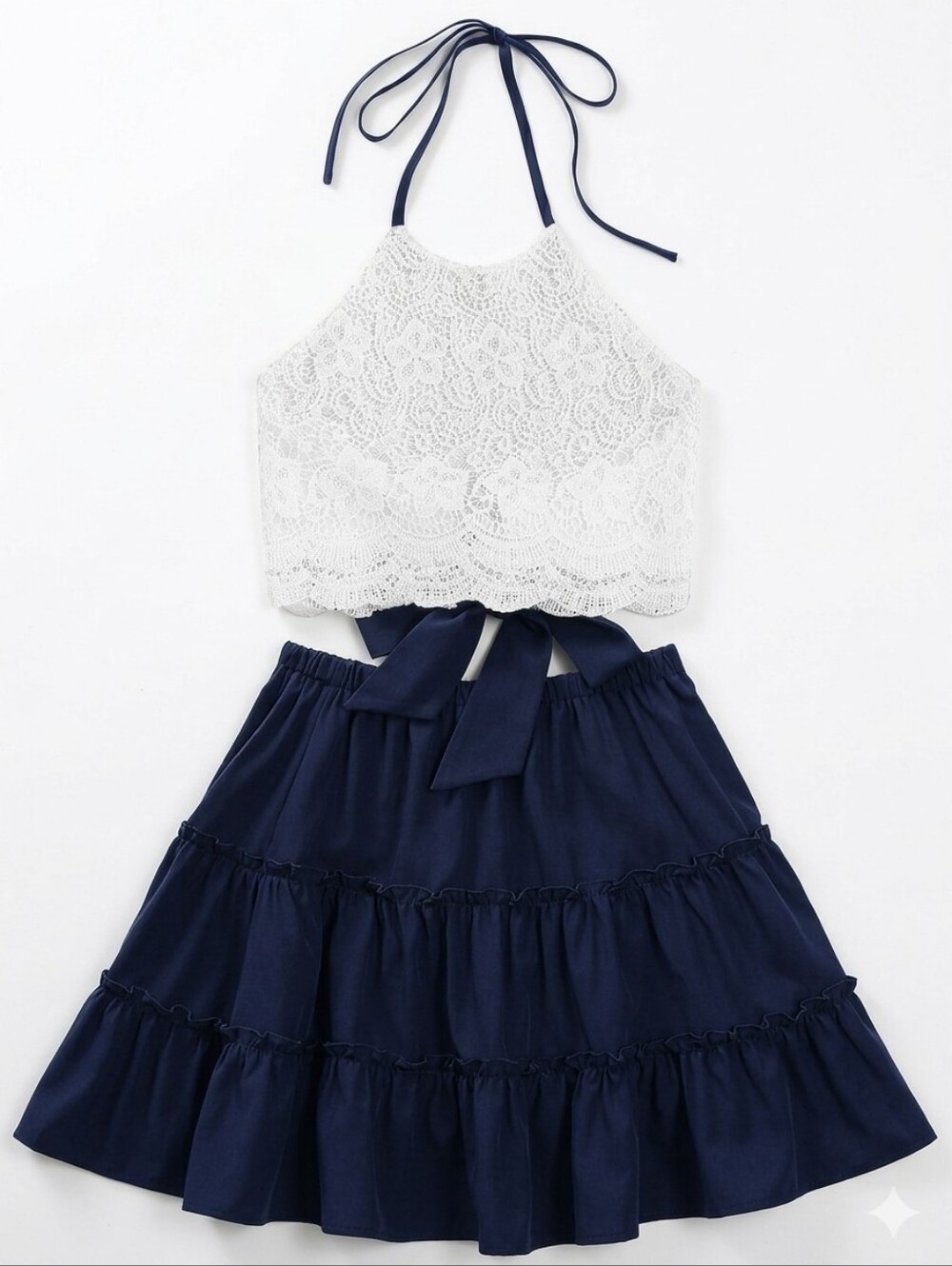 Girls White Lace Halter Top & Navy Tiered Skirt Set